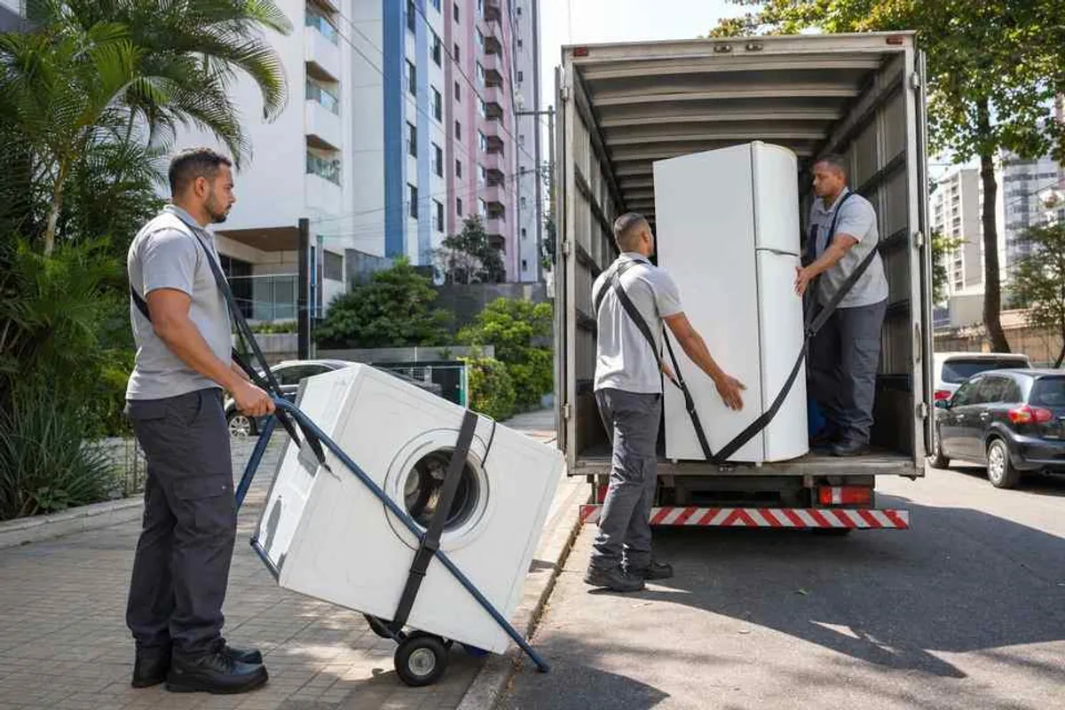 Equipe de mudança carregando geladeira e máquina de lavar em caminhão de frete em Dourados